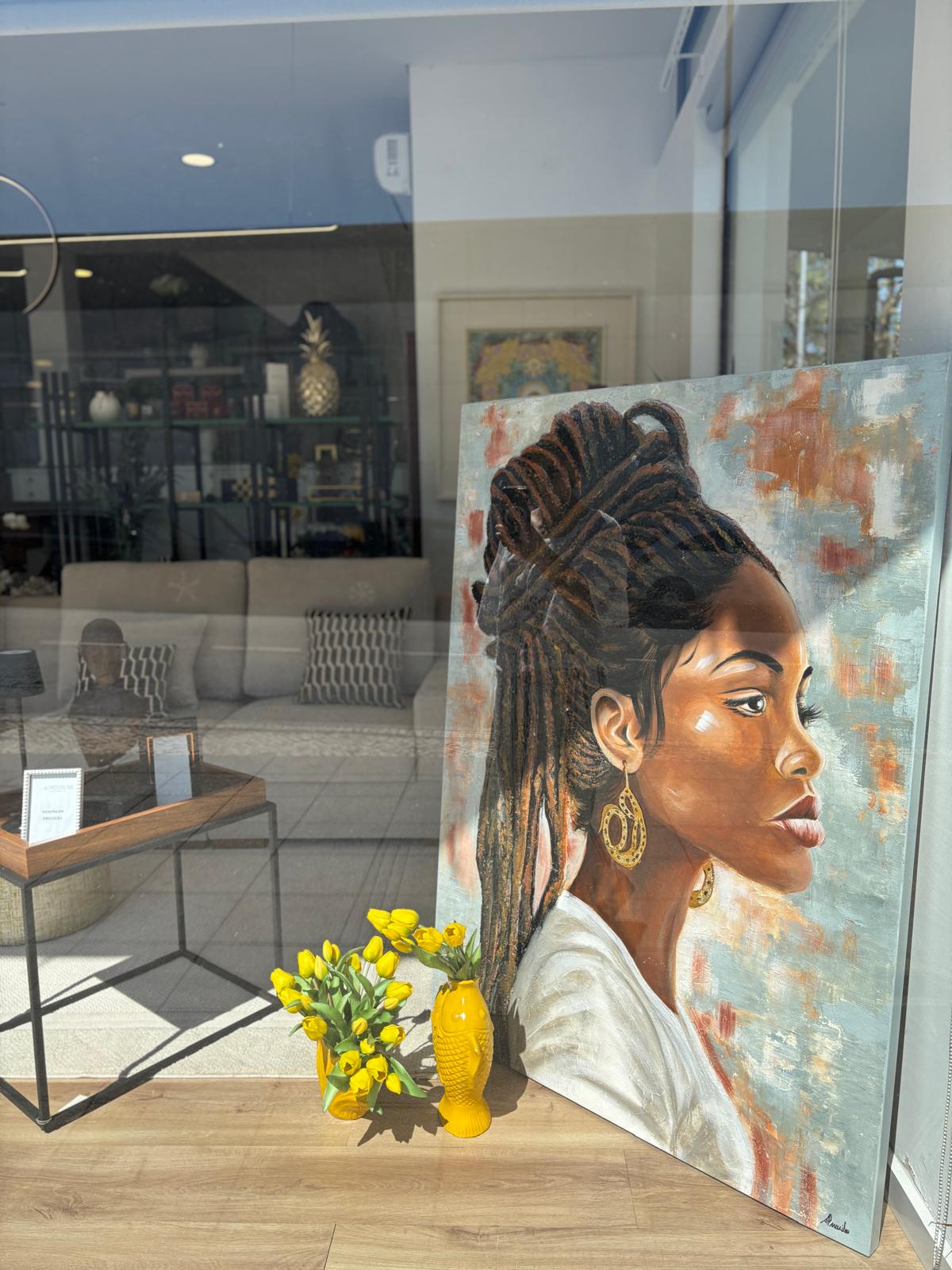 Tela pintada à mão - Mulher Negra com relevos