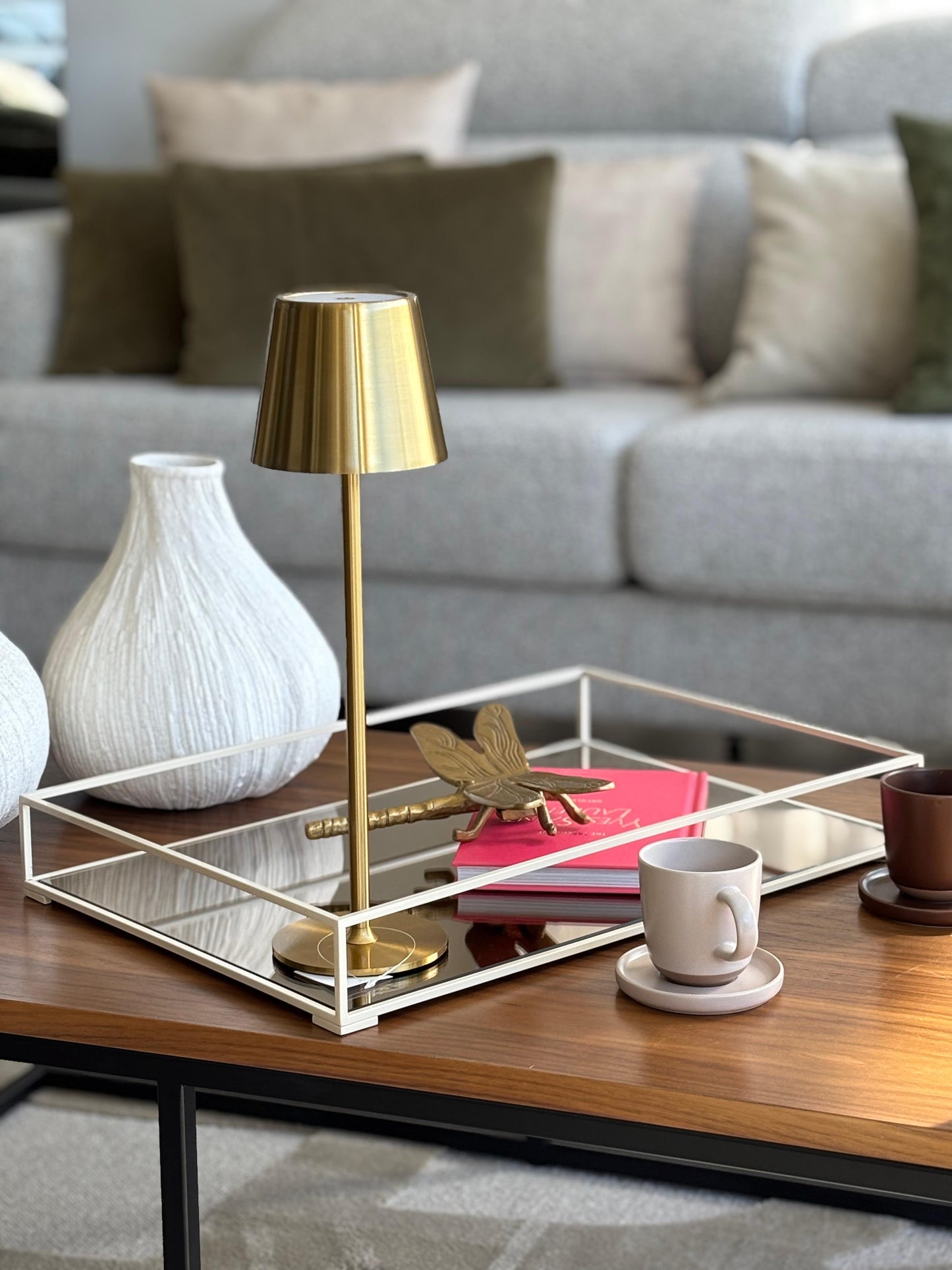 Tabuleiro Decorativo M - Bege com espelho Bronze